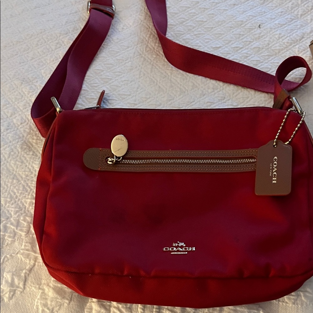 Coach Red Nylon Crossbody with Leather Trim